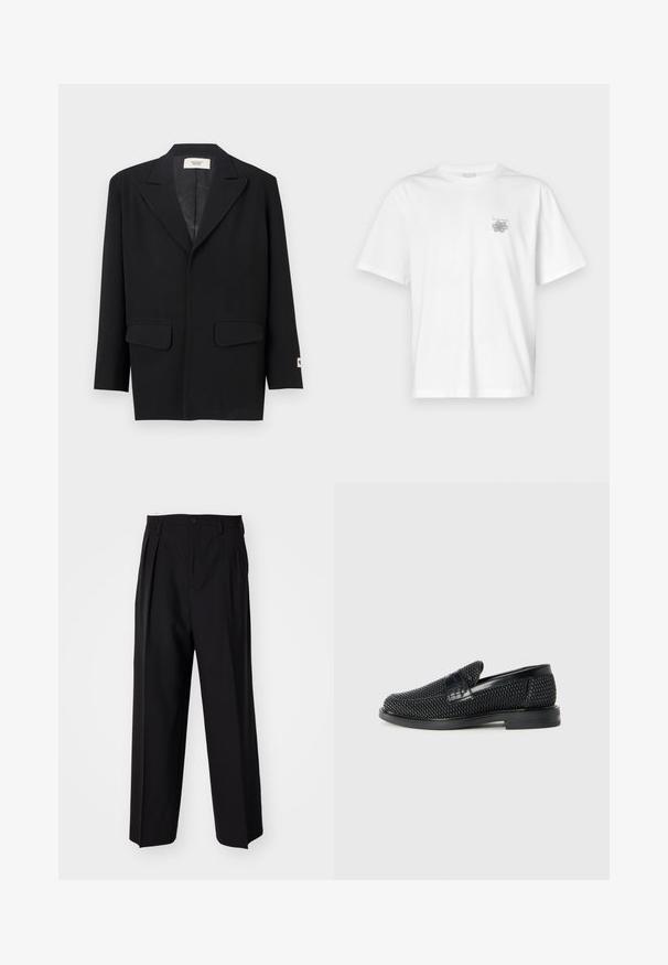 Czarna marynarka z wyłogiem, dwoma kieszeniami z przodu i długimi rękawami. Wykonana z gładkiego materiału, o luźnym kroju i bez widocznych zapięć.; Biała koszulka z bawełny z krótkimi rękawami, okrągłym dekoltem i małym szarym logo po lewej stronie klatki piersiowej. Gładka tekstura.; Czarne plisowane spodnie o prostym, szerokim kroju nogawek. Wykonane z gładkiego materiału, z zapięciem na guzik i pętelkami na pasek.; Czarny, pleciony but wsuwany z gładkim skórzanym akcentem na cholewce, o okrągłym nosku i niskoprofilowej gumowej podeszwie.