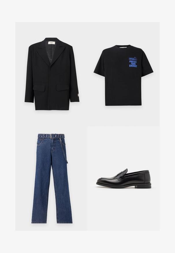 Schwarzer Blazer mit abgesetztem Revers, zwei Fronttaschen und langen Ärmeln. Hergestellt aus glattem Stoff mit lockerer Passform und ohne sichtbare Verschlüsse.; Schwarzes Baumwoll-T-Shirt mit kurzen Ärmeln, mit blauem Text "BESCHÜTZE DEINE ENERGIE" und einem grafischen Design auf der oberen linken Seite.; Dunkelblaue Jeans aus Denim mit geradem Bein, ausgestattet mit einem gemusterten Gürtel mit Metallösen und einer passenden Gürtelschlaufe.; Schwarze Lederloafers mit glatter Textur, rundem Zehenbereich und einem dekorativen Riemen über dem Vorderfuß. Niedriger, gestapelter Absatz, minimalistisches Design.