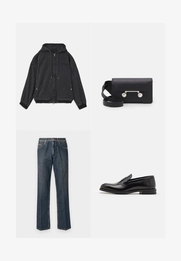 Musta kapuutsiga jakk, mis on valmistatud pehmest kangast, millel on lukuga sulgemine, külje taskud ja soonikuga mansetid. Rindadele on lisatud diskreetne logo.; Kreemivärvi kudumiga sviiter polo krae, sooniküttega varrukate ja äärega, ees klappi ja pehme tekstuuriga.; Tumedast sinised sirged teksapüksid, millel on ees nupp, tõmblukk, kaks eesmist taskut ja nähtavad vertikaalsed kortsud pükste jalgu pidi.; Mustad mustad nahast loafers sileda tekstuuriga, ümarat ninaosa ja dekoratiivne riba vampi üle. Madal kihiline konts, minimalistlik disain.; Must со хsaid crossover kottiga black nahka, mis on varustatud klapiga sulgemisega, hõbedased detailid ja kaks ümmargust aksessuaar. Omab eemaldatavat rihma. Sile tekstuur.