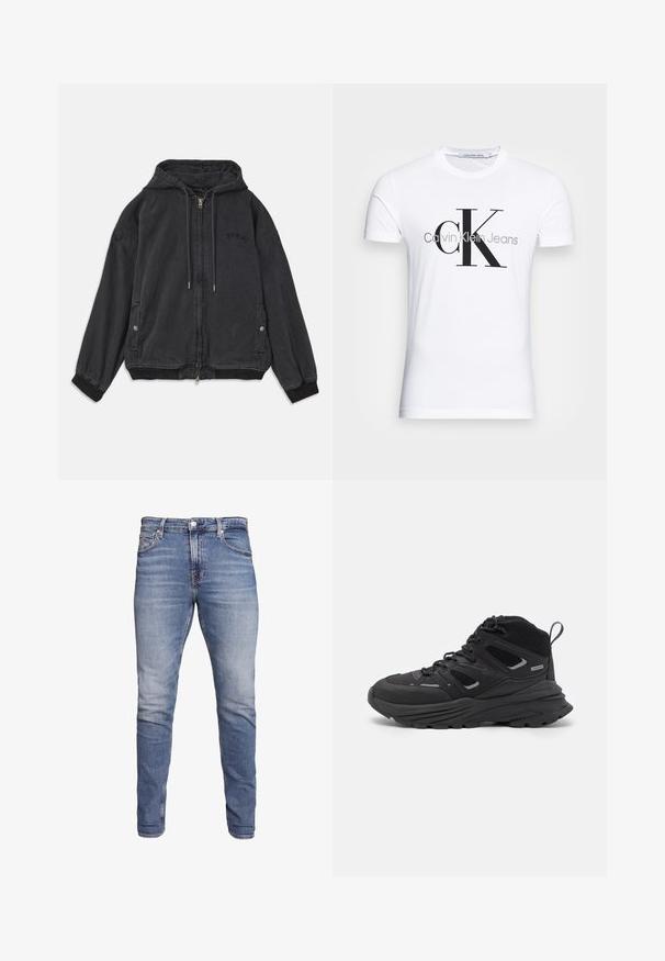 Črna kapuca jakna iz mehkega materiala, z zadrgo, stranskimi žepi in rebrastimi manšetami. Diskretna logotipna podrobnost na prsih.; Bela bomba majica iz bombaža z črnim logotipom "CK" in napisom "Calvin Klein Jeans", kratkimi rokavi in klasičnim okroglim ovratnikom.; Modre slim-fit kavbojke s petimi žepi, zbledelim pranjem, gumbom za zapiranje in zankami za pas, prikazane na belem ozadju.; Črne pohodne čevlje z večplastno zasnovo, teksturirano tkanino in gumijastim podplatom, z ojačanimi deli in vezalkami spredaj.
