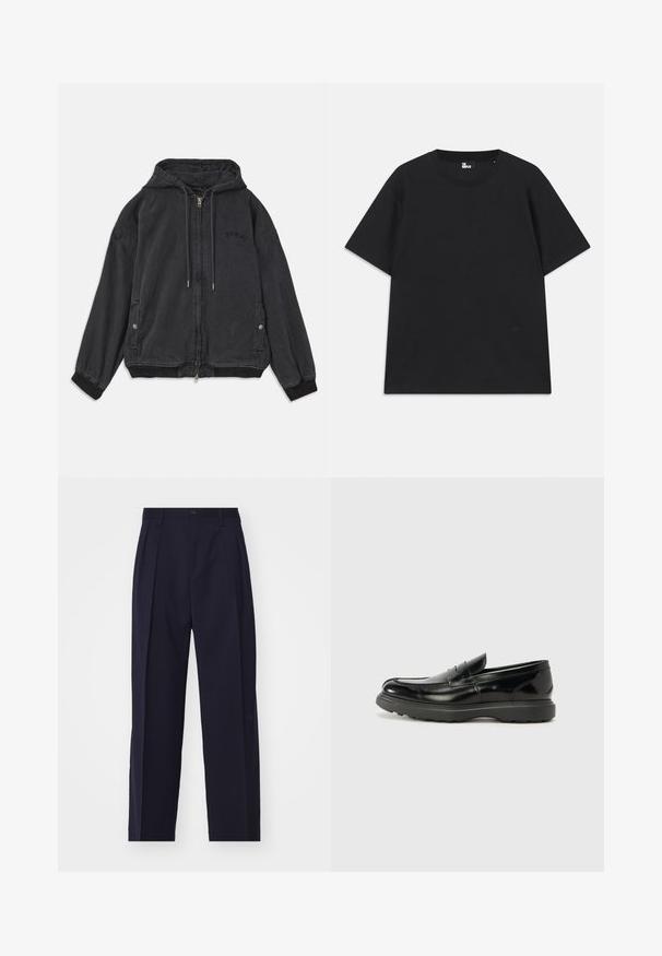 Crna kapuljača jakna od mekanog materijala, sa zatvaračem, bočnim džepovima i rebrastim manžetama. Suptilan logo detalj na prsima.; Crna kratkotrajna majica s kratkim rukavima od pamuka, s okruglim izrezom i malim logotipom blizu rubova. Glatka tekstura, klasičan kroj.; Tamno plave, krojene hlače ravnog kroja, s nabranim prednjim dijelom, kopčanjem na gumb i bez vidljivih džepova. Glatka tekstura tkanine.; Crne kožne mokasine s sjajnom završnom obradom, okruglim vrhom, suptilnim detaljima šivanja i debelim gumenim đonom za izdržljivost.