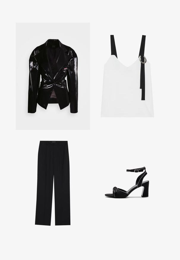 Moon Chang POCKET BOW - Žakete - black; Balta bez piedurknēm topa ar V-veida kakla izgriezumu, ar melnām siksnām un sudraba gredzenu. Gluda auduma un mūsdienīgs, minimālistisks dizains.; Melni bikses ar taisnu kāju dizainu, kurām ir divi priekšējie kabatas un jostasvieta. Izgatavotas no gludas, vieglas auduma.; Melnas zamšādas kurpes ar papēdi uz augstiem blokiem, ar regulējamu potītes siksniņu, atvērtu purngali un kontrastējošu izšuvumu.
