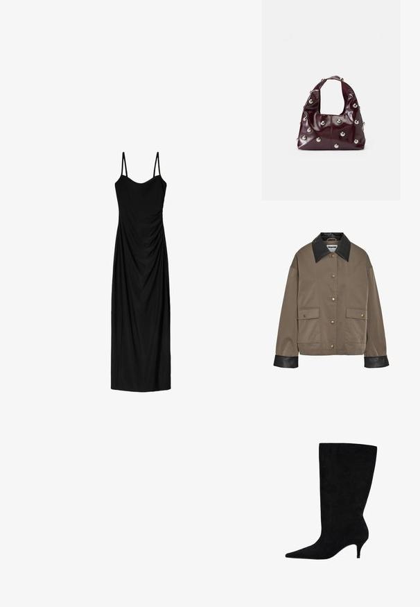 Brown buttoned jacket with black leather collar and cuffs, featuring two front flap pockets with snap closures.; Black midi dress with thin adjustable straps, featuring a draped design and smooth texture. No visible patterns or embellishments.; Black suede ankle boot with a pointed toe, slim 2-inch heel, and smooth texture, featuring a tall shaft design.; Burgundy leather handbag featuring a rounded shape with metallic silver studs evenly spaced across the surface and a short, wide strap.