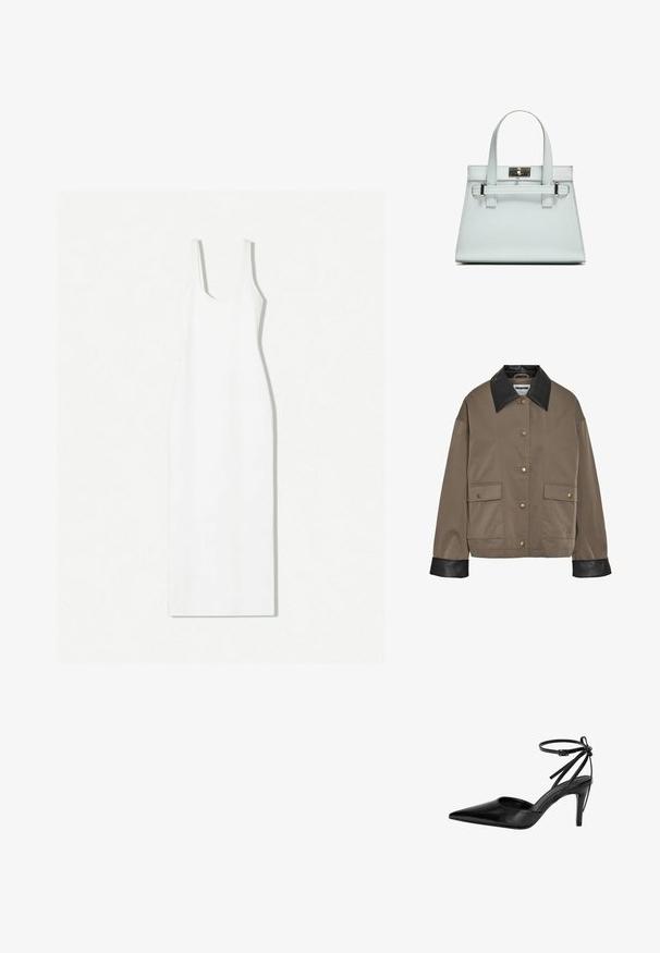Rjava jakna na gumbe z črnim usnjenim ovratnikom in manšetami, ki ima dve sprednji žepni flap z zapiranjem na pritiskač.; Bela brezrokavna obleka z okroglim izrezom, prilagojeno silhueto in dolžino do gležnja. Narejena iz gladkega blaga z minimalističnim dizajnom.; Črne čevlje s črno konico in s peto, ki ima izrezljan dizajn ter nastavljiv gleženjski trak. Čevlji imajo gladko, sijočo površino in vitko peto.; Svetlo modra torbica z oblikovano zasnovo, dvema ročkama in kljuko iz srebrno-toniranega materiala. Teksturni material in ostri koti.