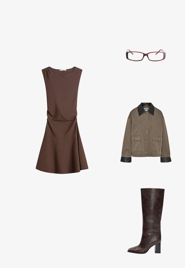 Smeđi sako s dugmadima, crnim kožnim ovratnikom i manžetama, sadrži dva prednja džepa s preklopom i sigurnosnim zatvaračima.; Bez rukava, smeđa haljina do koljena s okruglim izrezom i blagim naborima sa strane, lepršava suknja na praznoj bijeloj pozadini.; Smeđe čizme od umjetne kože do koljena s šiljastim prstom, teksturiranom površinom i debelim crnim potplatom. Glatka završna obrada, minimalno ukrašavanje.; Crvene pravokutne naočale s elegantnim dizajnom. Prozorne leće, blago prozirne drške i gradijentni efekt od crvene do sive.; Smeđa antilop torba za ruke s dva duga remena, zatvaranje na vezicu i minimalistički dizajn. Glatka tekstura i bez vidljivih metalnih elemenata.