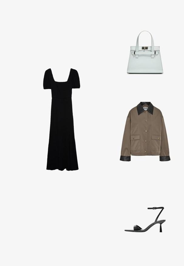 Rjava jakna na gumbe z črnim usnjenim ovratnikom in manšetami, ki ima dve sprednji žepni flap z zapiranjem na pritiskač.; Črna maksi obleka s kvadratnim izrezom, kratkimi nabranimi rokavi in mehkim, tekočim materialom. Ima stranski razporek za lažje gibanje.; Bershka Sandali z visoko peto - black; Svetlo modra torbica z oblikovano zasnovo, dvema ročkama in kljuko iz srebrno-toniranega materiala. Teksturni material in ostri koti.