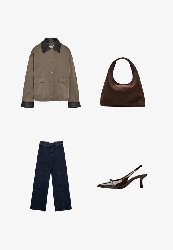 Rjava jakna na gumbe z črnim usnjenim ovratnikom in manšetami, ki ima dve sprednji žepni flap z zapiranjem na pritiskač.; Bordo kratka majica z dolgimi rokavi iz mehkega bombaža. Ima klasičen krogec za vrat in sproščen kroj. Enostavna tekstura, brez vzorcev ali dodatkov.; Široke temno jeans hlače z kontrastnim šivanjem, visok pas in ravno krojenje. Imajo sprednje žepe in klasično zapiranje s gumbom.; Rjave lakirane slingback čevlje z oglatim nosom, nizko peto in dekorativno pentljo na sprednji strani. Gladka, sijoča tekstura.; Mehakna rjava torbica v hobo stilu z enim širokim trakom in ukrivljenim odprtjem na vrhu, prikazana na beli podlagi.