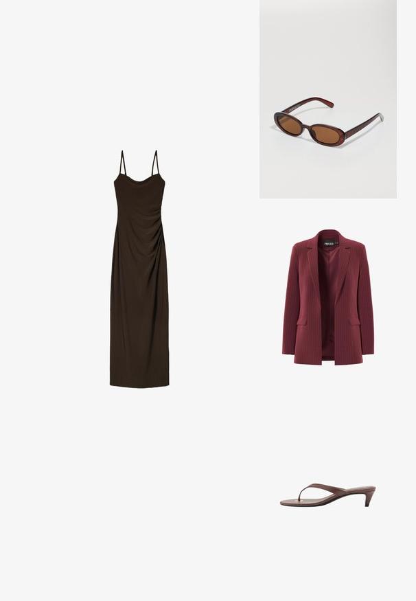Burgundska ženska blazerica s prugastim vzorcem, z izreženim ovratnikom, sprednjimi žepi s poklopcem in gladkim notranjim podloženjem, blagovna znamka "PIECES" v ovratniku.; Rjava, brezrokavna midi obleka s tankimi naramnicami, ki ima gubanec ob sprednji strani, narejena iz gladkega, padajočega materiala.; Rjava natikača na peto s tankim trakom in zaobljenim prstom, ki ima majhen zlat poudarek na podplatu.; Okrogle, rjavo obarvane sončne naočare z sijočim burgundskim okvirjem. Tanek nosilec s subtilnim logotipom. Oblika leč je ravna.; Rjava nubuck torba hobo z mehkim oblikom, ki ima ukrivljen zgornji ročaj in trikotne panelne detajle spredaj in zadaj.