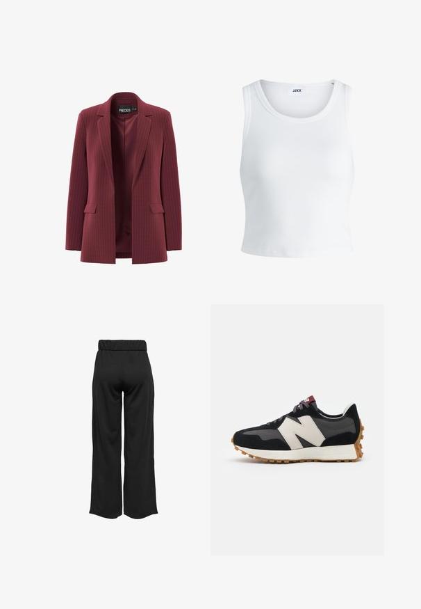 Burgundi triibuline naiste bleiser, millel on nurgelised läbimised, esiküljel klapiga taskud ja sile sisemine vooder, kaubamärgi silt "PIECES" krae sees.; Valge ribakujuline tank top, millel on ümmargune kaelus, varrukateta disain ja lühike pikkus. Silt ütleb "JJXX." Sile kangast tekstuur.; Mustad, laiad püksid elastse vöökohtaga, valmistatud siledast kangast. Omab lihtsat disaini, ilma taskute või nähtavate õmbluste detailideta.; Mustmust ja halli nubukist tennisajal on suur kreemjas "N" logo, lilla paelad ja tekstureeritud kummist välispohja.