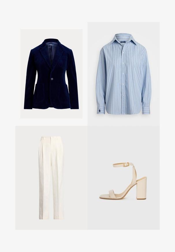 Polo Ralph Lauren COTTON CORDUROY BLAZER - Blejzr - indigo; Světle modrá košile s dlouhým rukávem a vertikálními pruhy v bílé a hnědé, s knoflíkovým zapínáním vpředu a malým logem na levém manžetu. Měkká textilie.; Polo Ralph Lauren HEMP WIDE LEG PANT - Kalhoty - nevis; Béžová sandál s vysokým podpatkem, čtveratou špičkou, tenkým kotníkovým páskem a blokovým podpatkem. Hladká kožená textura s detaily ve zlaté barvě.