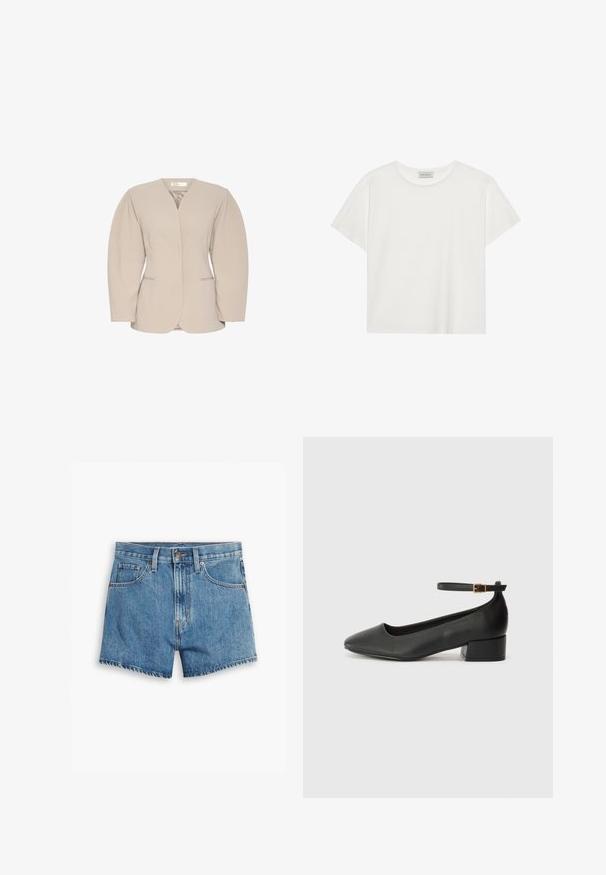 Beige blazer dengan leher V yang dalam, bahu terstruktur, dan lengan panjang. Memiliki dua saku depan dan permukaan yang halus.; Valkoinen lyhythihainen T-paita, joka on valmistettu pehmeästä puuvillasta. Siinä on pyöreä kaula-aukko ja rento istuvuus. Siisti muotoilu ilman näkyviä kuvioita tai yksityiskohtia.; Vaaleansiniset farkkushortsit, joissa on viisi taskua, vetoketjukiinnitys ja nappisulku. Helmassa on revitty viimeistely ja rento istuvuus.; Mustat nahkakengät, joissa on terävä kärki ja matala lohkare korko. Varustettu nilkkahihnalla, jossa on kultasävyinen solki. Lisää sileä pinta.