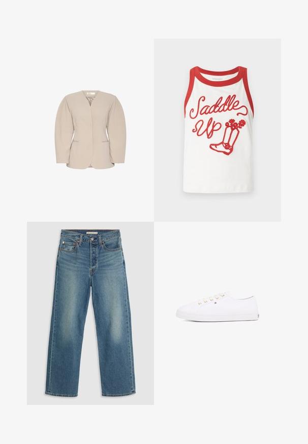 Beige blézer mély V-kivágással, strukturált vállakkal és hosszú ujjakkal. Két elülső zsebbel és sima felülettel rendelkezik.; Fehér débardeur piros díszítéssel, "Saddle Up" felirattal és piros hímzett csizmás grafikával. Sima anyag, laza kialakítás. A méretek változóak lehetnek.; Világoskék farmernadrág, egyenes szárú szabással. Jellemzői közé tartozik a varrott derékpánt, öt zseb és látható kopás.; Fehér vászon sneaker arany fűzőlyukakkal, lapos fűzőkkel, textúrált gumitalppal és minimális márkázással az oldalon. Alacsony profilú kialakítás.