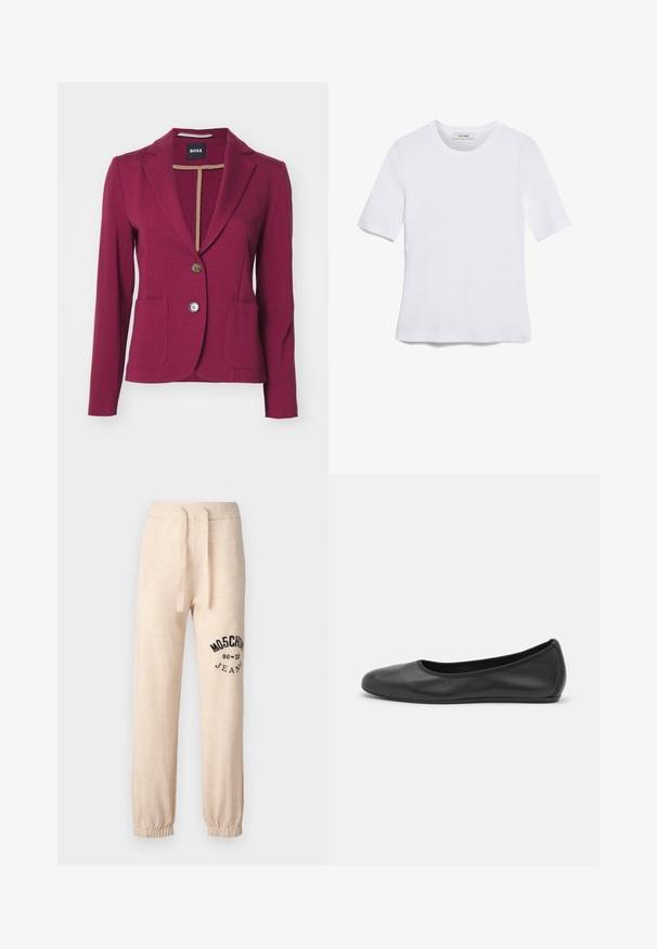 BOSS JONALAHRA - Blazer - dark red; Hvit kortermet t-skjorte laget av ribbestrikket materiale. Rund hals, vanlig passform og subtile sømdetaljer. Ingen mønstre eller grafikk.; Beige sweatpants med elastiske mansjetter og midjebånd. Har en svart trykt logo "MOSCHINO 86 ❤ 23 JEANS" på venstre lår. Myk tekstur.; Svart skinnballettflatt med rund tå, glatt tekstur, minimal sømdetalj, og et fleksibelt såledesign.