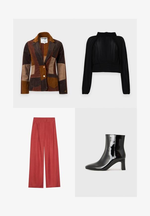 Brown corduroy blazer featuring a patchwork design with varying shades of brown, including dark, medium, and light tones. Notable front pockets.; Black cropped top with pleated texture, long sleeves, high neckline, and gathered detailing at the hem and shoulders.; Wide-legged trousers in a rich terracotta color, made of textured fabric with front pleats and a classic waistband.; Black patent leather ankle boot with a pointed toe and a mid-height block heel. Smooth texture and minimalist design.