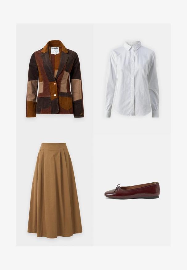 Sacou din corduroy maro, prezentând un design cu mozaic în nuanțe variate de brown, inclusiv tonuri închise, medii și deschise. Buzunare frontale notabile.; Cămașă albă cu nasturi, confecționată din bumbac neted, având un guler clasic, mâneci lungi și un tiv curbat. Nasturii sunt mici și albi.; Fustă A-line din bumbac maro, cu talie înaltă, având pliseuri pe față și o textură netedă. Marginile sunt finisate curat și simplu.; Balerini din piele patent burgund cu vârful rotund, accent de fundiță mică în față și talpă joasă din cauciuc negru. Textură netedă.