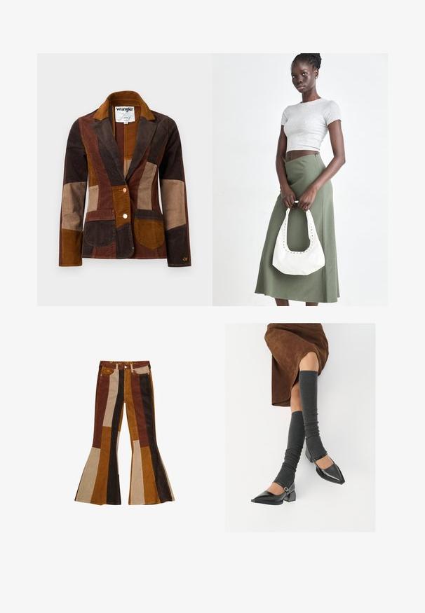 Brun fløjlsblazer med et patchwork-design i varierende nuancer af brun, herunder mørke, mellem og lyse toner. Iøjnefaldende forlommer.; Hvid ærmeløs ribbet top med guldmetallic skrift, der står "Cowgirl" på tværs af brystet, præsenteret på en ensfarvet baggrund.; Slå-ud fløjlsbukser med stribet mønster i nuancer af brun, beige og guld, med lommer og farvet linning.; Sorte patenterede lædersko med spids tå, blokhæl og ankelrem, kombineret med grå ribbede benvarmere og en brun ruskinds nederdel.; Grå ribbet crop top og olivengrøn højhøjdet nederdel. Modellen holder en hvid skuldertaske med udskæringsdetaljer. Enkel design, tætsiddende silhuet.