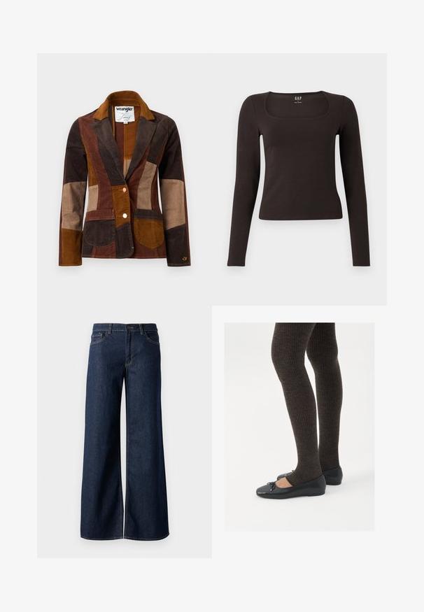 Brūns korduroja žakets ar lāpīšanas dizainu, kurā ir dažādas brūnas nokrāsas, tostarp tumši, vidēji un gaiši toņi. Ievērojami priekšējie kabatas.; Melnas garās piedurknes, pieguļošs tops ar kvadrātveida apkakli, ar uzrakstu GAP, novietots uz baltā fona.; Platas kājas džinsi tumši zilā denima krāsā. Iespējas ir kontrastējošās vīles, piecas kabatas un pogu aizdare jostasvietā. Gluda tekstūra.; Melnas plakano formas kurpes ar mazu loku uz pirksta, apvienotas ar tumši brūnām ribotām zeķubiksēm. Kurpēm ir gluda tekstūra un zems profils.