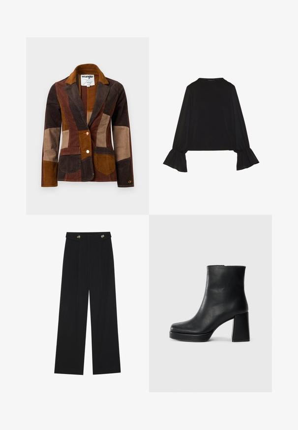 Blazer en velours côtelé marron avec un design en patchwork présentant des nuances variées de marron, y compris des tons foncés, moyens et clairs. Poches avant remarquables.; Top noir à manches longues avec des poignets évasés, texture douce et coupe décontractée, doté d'un col rond simple.; Pantalons larges noirs à taille haute, avec des détails de boutons à la taille et des plis sur le devant.; Bottine en cuir noir avec un talon bloc et une semelle plateforme, vue de côté sur un fond blanc uni.