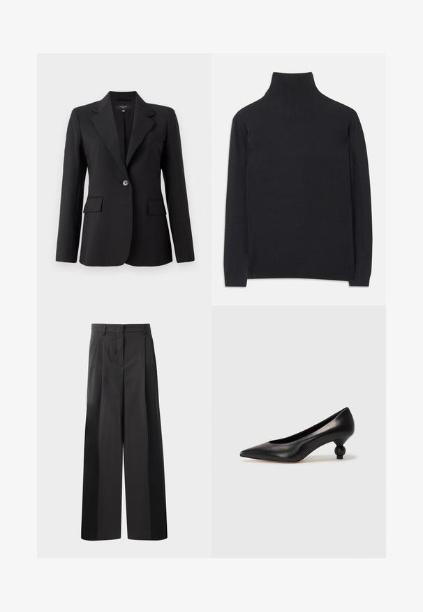 Black blazer with a sharp lapel, single button closure, two front pockets, and a sleek, smooth fabric texture. Tailored fit design.; Black turtleneck sweater made of soft fabric. Features long sleeves, a high neck, and ribbed cuffs and hem for a fitted look.; Black wide-leg trousers with a high waist, featuring front pleats, a smooth texture, and a tailored finish. Designed for a relaxed fit.; Black leather high heel shoe with a pointed toe and a round, balled heel. Smooth texture with a sleek, minimal design.