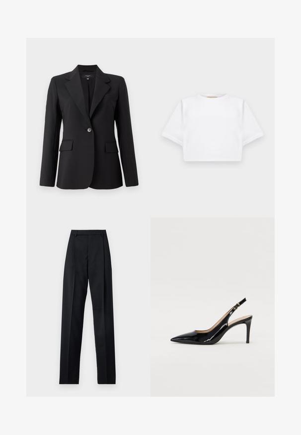 Black blazer with a sharp lapel, single button closure, two front pockets, and a sleek, smooth fabric texture. Tailored fit design.; Cropped white t-shirt made of soft fabric, featuring short sleeves, a round neckline, and ribbed hem details. Simple and unembellished design.; Black trousers made from smooth fabric featuring a high waist, wide legs, front pleats, and classic belt loops. No side pockets visible.; Black patent leather slingback pump with pointed toe, slim heel, and a subtle cutout design. Features a gold buckle on the strap.