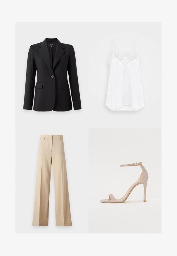 Czarna marynarka z ostrymi klapami, pojedynczym zapięciem na guzik, dwiema przednimi kieszeniami oraz elegancką, gładką teksturą materiału. Dopasowany krój.; Biała koszulka na ramiączkach z dekoltem w serek, cienkimi ramiączkami, teksturowanymi koronkowymi akcentami na ramionach i zaokrąglonym dołem. Gładka tekstura materiału.; Beżowe spodnie o szerokich nogawkach wykonane z gładkiego materiału, z płaskim przodem i zakładkami, z zapięciem na zamek i pętelkami na pasek. Dopasowany krój.; Sandały na wysokim obcasie z paskami w metalicznym odcieniu różowego złota, z teksturowaną cholewką, otwartym toe oraz paskiem wokół kostki z ozdobną złotą klamrą.