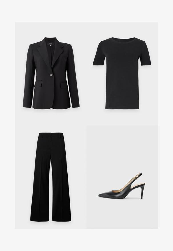 Čierny blazer s ostrým klopom, jedným zapínaním na gombík, dvoma prednými vreckami a elegantnou, hladkou textúrou látky. Strih prispôsobený postave.; Čierne tričko s krátkym rukávom vyrobené z jemného bavlneného materiálu, s okrúhlym výstrihom a klasickým strihom. Hladká textúra, bez vzorov alebo dekoratívnych prvkov.; Čierne široké nohavice s hladkou textúrou, štruktúrovaným pásom a prednými záhybmi. Minimalistický dizajn bez viditeľného kovania.; Čierne kožené lodičky na odkryté päte s špicatou špičkou, nastaviteľným pásikom a elegantným ihlovým podpätkom, s hladkým povrchom.
