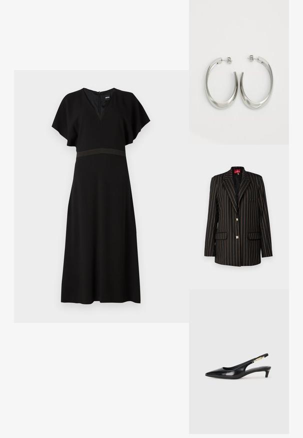 Blazer noir avec de fines rayures verticales orange, design à un bouton, revers en pointe, deux poches avant et boutons en ton doré.; Robe noire avec un décolleté en V, des manches courtes papillon et une bande horizontale contrastante à la taille. Fabriquée à partir d'un tissu lisse et fluide.; Talons hauts en cuir noir avec un bout pointu, dotés d'un talon fin et d'un accent en ton or sur la lanière réglable. Texture lisse.; Sac à main en cuir noir avec un design structuré, featuring une forme cropped, une poignée supérieure et des accents en matériel doré. Bandoulière réglable incluse.; Boucles d'oreilles en argent avec un design lisse et courbé. Présentent une finition métallique brillante et une fermeture à clou. Pas de motifs ou d'accents visibles.