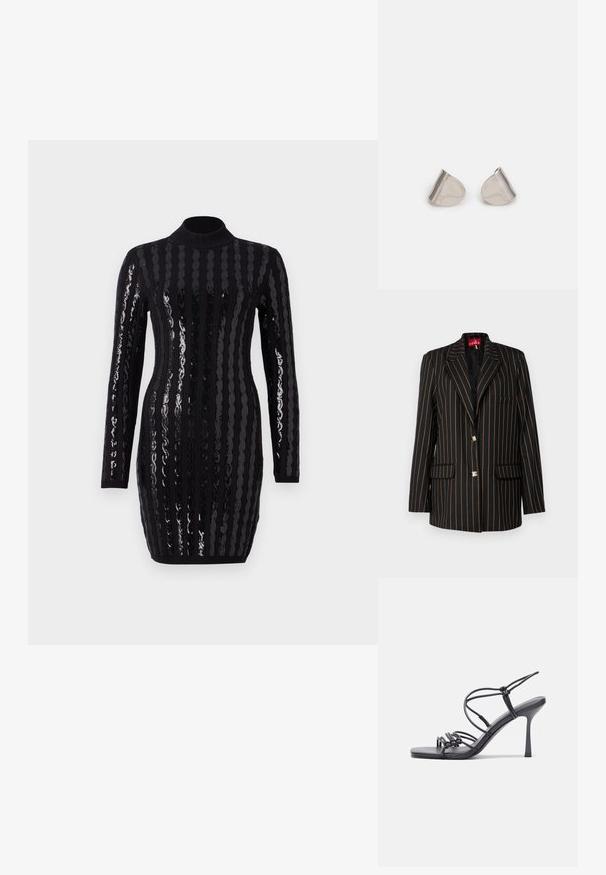 Zwarte blazer met dunne oranje verticale strepen, enkel gecoupeerd ontwerp, pieklapels, twee voorkankers en knopen in goudkleur. ; Zwarte lange mouw jurk met glanzende verticale sequinsstrips, hoge halslijn, een getailleerde snit en een geribbelde textuur bij de manchetten en zoom.; Zwarte hoge hakken sandaaltjes hebben dunne banden met een geknoopt ontwerp, een gladde vierkante neus en een elegante stiletto-hak.; Lichtgrijze metallic handtas met een kettingriem, versierd met kleine ronde metallic studs en een driehoekig merkimago.; Zilveren metalen oorbellen met een gladde, druppelvorm en een gepolijste afwerking. Subtiele gravures voegen detail toe. Minimalistisch ontwerp.