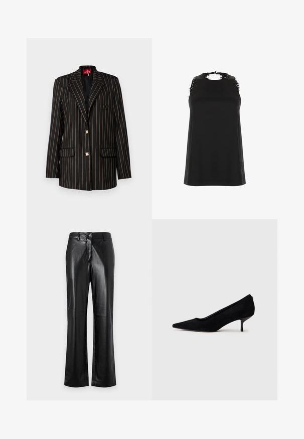Blazer nero con sottili strisce verticali arancioni, design monopetto, revers a punta, due tasche frontali e bottoni dorati.; Top nero senza maniche con collo alto, caratterizzato da accenti in pizzo sfilacciato sulle spalle e una texture liscia e morbida.; Pantaloni in pelle nera con design a gamba dritta, dotati di chiusura frontale con bottone, passanti per cintura e una texture liscia e lucida.; Scarpa nera in suede con tacco alto appuntito e tacco sottile e basso. Texture liscia con un design elegante, priva di accessori visibili.