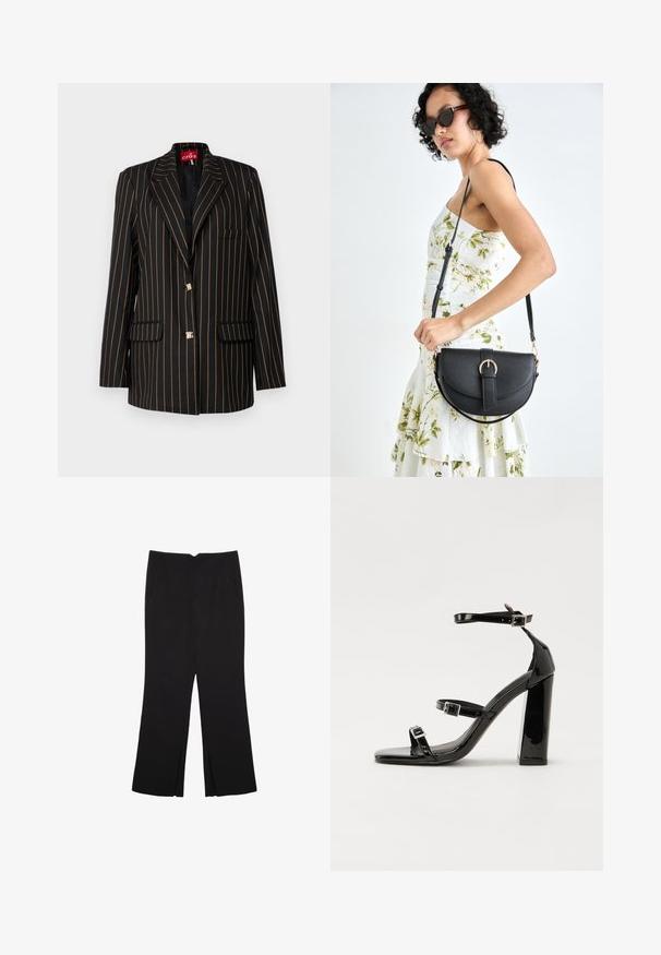 Čierny blejzer s tenkými oranžovými vertikálnymi prúžkami, s jednozápadovým dizajnom, špicatými klopami, dvoma prednými vreckami a gombíkmi v zlatej farbe.; Čierny bezrukávový crop top vyrobený z hladkej tkaniny, so zaobleným výstrihom a čistým, jednoduchým dizajnom bez vzorov alebo kovania.; Čierne nohavice so strihom rovného strihu, s prednými vreckami a bočnými rozparkami na leme. Vyrobené z mäkkej, hladkej tkaniny. Vhodné na rôzne príležitosti.; Čierne lakované sandále na podpätku so štvorcovou špičkou, navlečenými remienkami okolo členku a striebornými prackami. Disponujú masívnym blokovým podpätkom pre stabilitu.; Čierna kožená kabelka s zaobleným tvarom, odnímateľným popruhom a zlatými doplnkami. Kabelka má klopu s detailom s prackou.