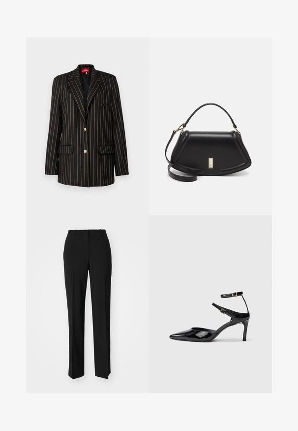 Sort blazer med tynde orange lodrette striber, en-knap design, spids slag, to forlommer og guldtonede knapper.; Hvid bomulds T-shirt med korte ærmer, rund halsudskæring og et diskret prægede Calvin Klein logo på forsiden. Glat tekstur, klassisk pasform.; Sorte skræddersyede bukser med lige ben-design, der har en glat tekstur og skarpe folder langs fronten. Ingen synlige hardware.; Sorte laklæderhæle med spids tå, justerbare ankelstropper og en slank hæl. Glat tekstur med en skinnende finish.; Sort læderhåndtaske med en struktureret design, der har en kortet form, tophåndtag og guld hardware-accenter. Justerbar skulderrem inkluderet.