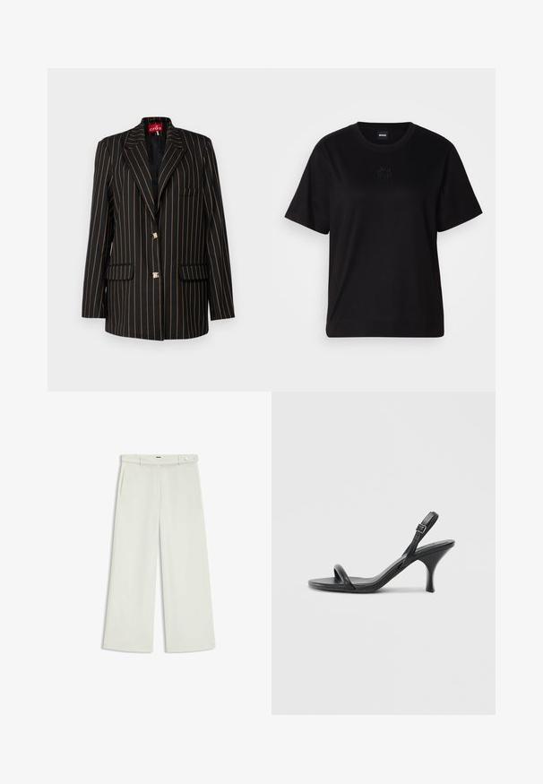 Blazer noir avec de fines rayures verticales orange, design à un bouton, revers en pointe, deux poches avant et boutons en ton doré.; T-shirt en coton noir avec un col rond, des manches courtes et un logo brodé sur la poitrine. Coupe simple et décontractée sans motifs.; Pantalons à jambes larges en tissu crème clair, dotés de poches latérales, d'un devant plat et d'une fermeture à un bouton à la taille. Texture lisse.; Sandales à talons hauts en cuir noir avec un talon fin et courbé et un design de brides croisées. Bride de cheville réglable. Texture lisse.