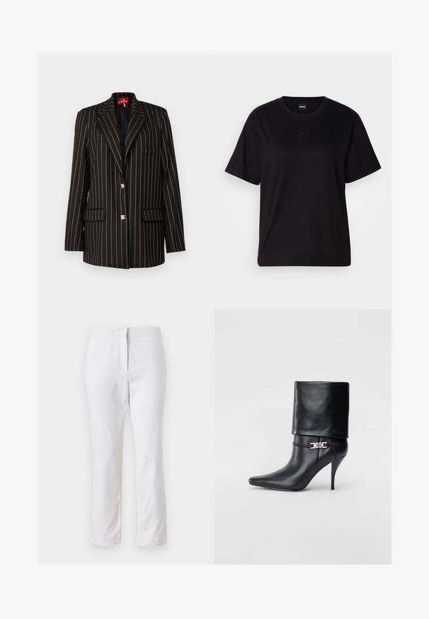 Black blazer with thin orange vertical stripes, single-breasted design, peak lapels, two front pockets, and gold-tone buttons.; Black cotton t-shirt with a crew neckline, short sleeves, and an embroidered logo on the chest. Simple, relaxed fit with no patterns.; White cotton pants with a straight leg design, featuring a mid-rise waist and no visible hardware or patterns. Smooth texture throughout.; Black leather ankle boot with a pointed toe, high stiletto heel, fold-over cuff, and a gold decorative buckle detail on the ankle.
