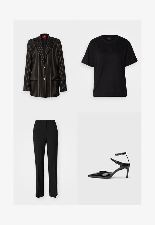 Fekete zakó vékony narancssárga függőleges csíkokkal, egygombos kialakítással, csúcsos hajtókákkal, két elülső zsebbel és arany színű gombokkal.; Fekete pamut póló kerek nyakkivágással, rövid ujjakkal és hímzett logóval a mellkasán. Egyszerű, laza szabás, minta nélkül.; Fekete, testhezálló nadrág egyenes szárú kivitelben, sima textúrával és éles redőkkel az elején. Nincs látható fémalkatrész.; Fekete lakkbőr magassarkú cipők hegyes orral, állítható bokapánttal és vékony sarokkal. Simább textúra fényes kivitelben.