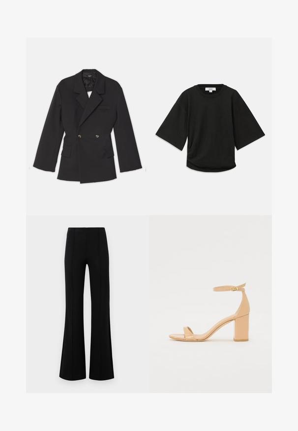 A.W.A.K.E. MODE DOUBLE BREASTED WITH BACK CUTOUT AND TIES - Blazer - black; Camiseta negra de manga corta hecha de algodón suave, con un escote redondo y un corte relajado, con un sutil detalle fruncido en el lateral.; Pantalones acampanados negros de cintura alta, fabricados en tejido elástico. Presentan detalles de costura vertical en la parte delantera y una textura suave.; Sandalias de tacón de charol nude con punta cuadrada, correa de tobillo y un tacón ancho. Textura suave y detalles de diseño minimalistas.