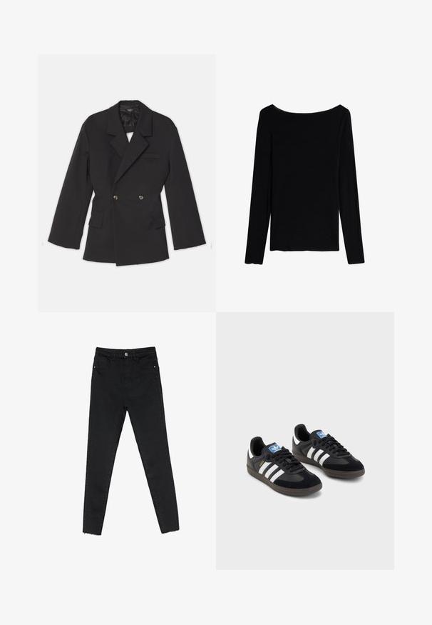 A.W.A.K.E. MODE DOUBLE BREASTED WITH BACK CUTOUT AND TIES - Blazer - black; Intimissimi CHRISTMAS - Långärmad tröja - black; Svarta slim-fit jeans i denim, med hög midja, femficksdesign och rå söm vid anklarna. Klassisk knapp- och dragkedjeöppning.; Svarta sneakers med övre del av mocka och syntetmaterial, med tre vita ränder, texturerad gummisula och blå logotags på tungan.