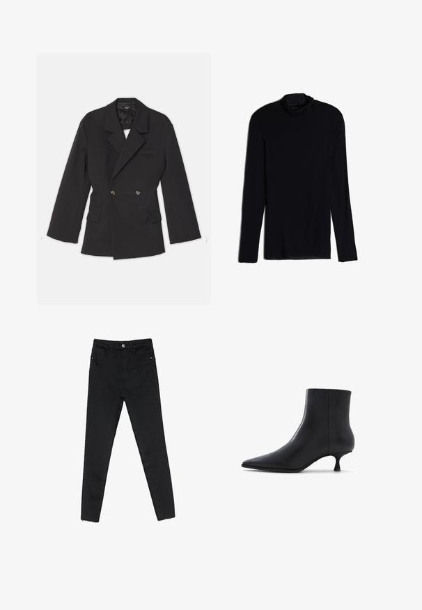 A.W.A.K.E. MODE DOUBLE BREASTED WITH BACK CUTOUT AND TIES - Blejzr - black; Černý dlouhý rukáv top se stojáčkem, vyrobený z jemné, hladké tkaniny; přiléhavý design se rovnými lemy a bez viditelných švů.; Černé skinny džíny z denimu, s vysokým pasem, piatí kapsami a surovým lemem na kotnících. Klasické zapínání na knoflík a zip.; ALDO EMMALIE - Kotníkové boty - black