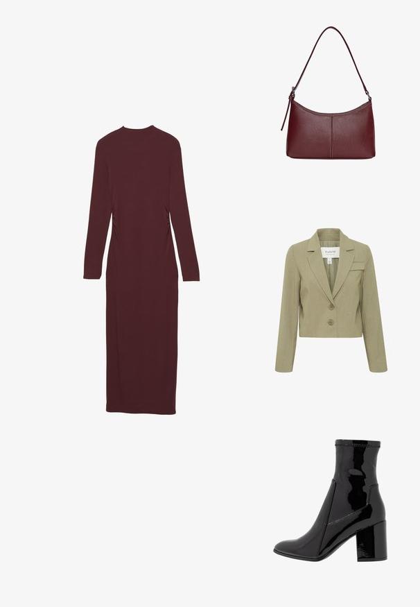 Skrócona beżowa marynarka z klapami, dwoma guzikami z przodu i kieszenią na lewej piersi. Gładka faktura i dopasowany krój.; Długa sukienka w kolorze mauve z długim rękawem, o dopasowanym kształcie i marszczonym detalu po bokach. Wykonana z elastycznego materiału, sięgająca do połowy łydki.; Czarne lakierowane botki za kostkę o gładkiej fakturze, z ostro zakończonym noskiem i wyraźnym blokowym obcasem. Charakteryzują się brakiem zamka oraz kontrastowym przeszyciem.; Bordowa torebka skórzana o zaokrąglonym kształcie, z jednym paskiem na ramię i przeszyciami w centrum. Gładka faktura, minimalna ilość elementów metalowych.