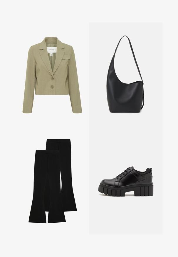 Kärbitud beež bleiser, millel on lõige krae, kaks esipainutust ja vasakul rinnatasku. Sile tekstuur ja kohandatud disain.; Lühike valge T-särk, mis on valmistatud puuvillast, lühikeste varrukatega, ümmarguse kaelusega ja sirge lõikega, omades sileda tekstuuri ja minimaalset disaini.; Mustad klombid, mis on valmistatud venivast kangast, kõrge vöökoht ja siledat tekstuuri, sobiva disainiga, mis laienevad põlve kõrguselt.; Must musta platvormsussid paksu plokkninal, ümmarguse varbaga ja traditsioonilise nööridega kinnitamisega. Sussid on sileda tekstuuriga ja minimaalsete detailidega.; Mustast nahast hobo kott, millel on sile tekstuur, kumer kuju ja üks reguleeritav rihm; peal on lai avaus.