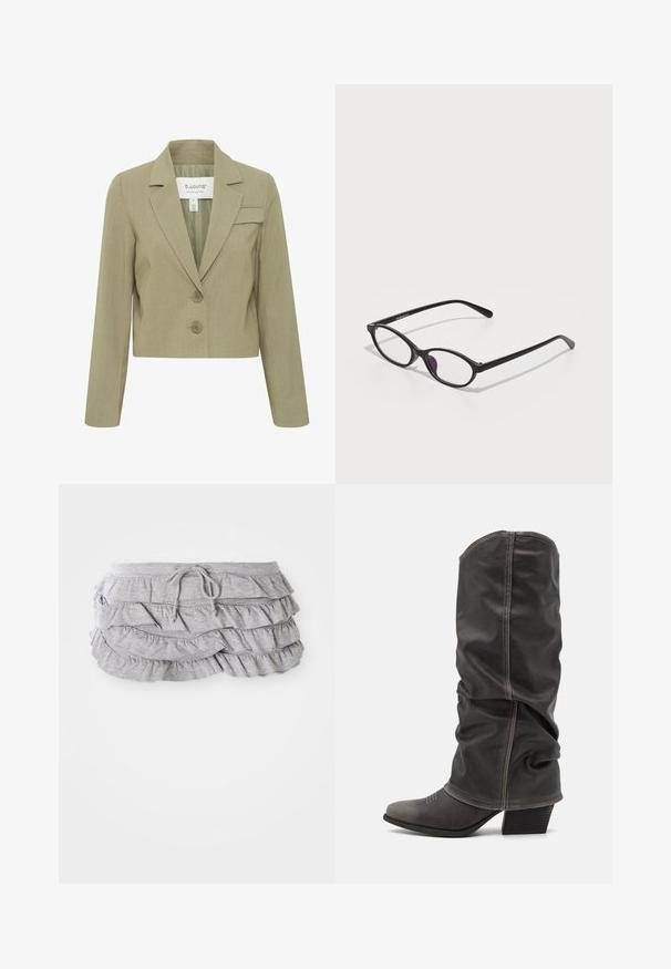 Rövidített bézs blézer, szélesített gallérral, két elülső gombbal és bal mellel. Simító felület és testhez álló kialakítás.; Szürke csíkos Nike mez fekete V-nyakkal, nagy fekete logóval és fehér részletekkel az ujjain.; Szürke fodros szoknya, réteges anyagtervezéssel, húzózsinóros derékrésszel, puha tapintással, precízen kidolgozott szélekkel és leomló fodrokkal.; Szürke bőr, térdig érő csizmák, amelyek laza kialakításúak, hegyes orrúak és tornácos sarkúak. Figyelemre méltó varrási részlet az orr részén.; Fekete műanyag szemüveg ovális formával, átlátszó lencsékkel és egy lila akcentussal a bal lencsén. Stílusos, minimalista dizájn.