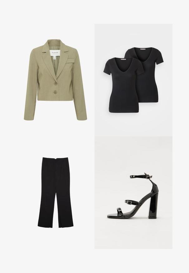 Skrócona beżowa marynarka z klapami, dwoma guzikami z przodu i kieszenią na lewej piersi. Gładka faktura i dopasowany krój.; Dwie czarne koszulki z krótkim rękawem i dekoltem w serek, wykonane z gładkiego materiału. Każda z koszulek ma dopasowany krój i bezszwową konstrukcję.; Czarne spodnie o prostym kroju, z przednimi kieszeniami i bocznymi rozcięciami na dole. Wykonane z miękkiego, gładkiego materiału. Odpowiednie na różne okazje.; Czarne lakierowane sandały na obcasie z kwadratowym noskiem, z paskami wokół kostki i srebrnymi klamrami. Posiadają masywny słupek dla stabilności.