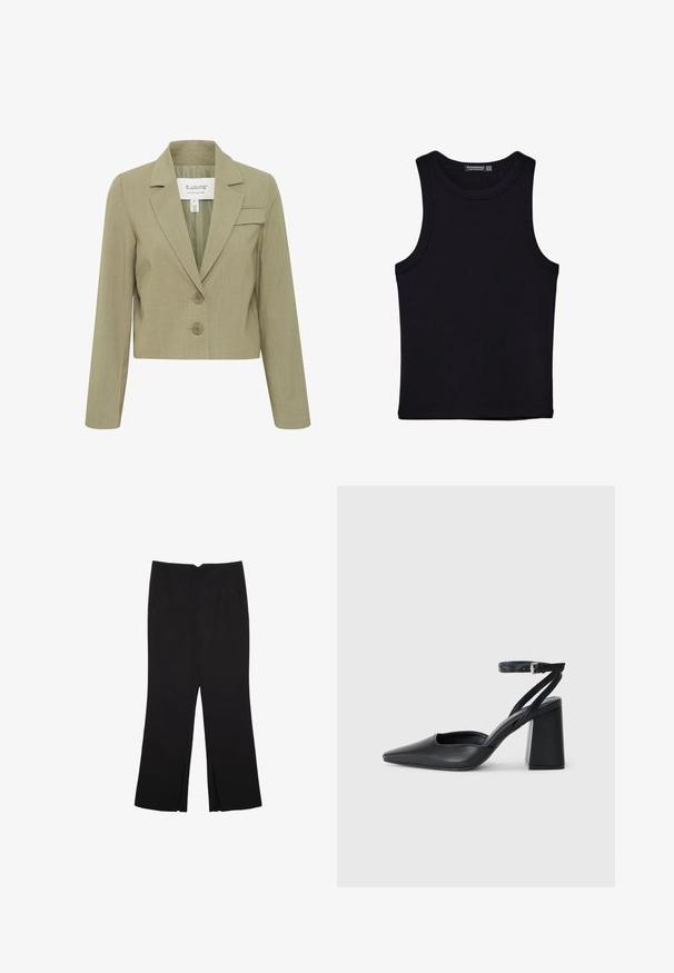 Beige bleiseri, joka on leikattu, notched-kauluksella, kahdella etunapilla ja vasemmassa rinnassa tasku. Sujuva rakenne ja istuva muotoilu.; Musta hihaton paita, joka on valmistettu puuvillasta, ja jossa on pyöreä kaula-aukko sekä leveät kainaloaukot. Silkkinen pinta ja ommellut reunat. Klassinen, minimalistinen muotoilu.; Mustat housut suoralinjaisella leikkauksella, joissa on etutaskut ja sivurei'ät helman alla. Valmistettu pehmeästä ja sileästä kankaasta. Sopii eri tilaisuuksiin.; Mustat nahkakengät, joissa on kapea kärki, nilkkaremmi ja paksu korko. Tasainen pinta, tyylikäs muotoilu ja minimalistinen estetiikka.