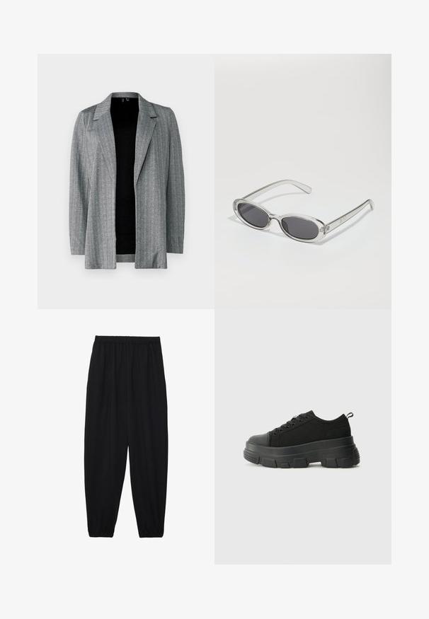 Pilkas herringbone rašto švarkas su įpjovimu ir atviru priekiu. Ilgos rankovės ir tekstūruota medžiaga suteikia sluoksniuotą vaizdą.; Balta of-off-shoulder marškinėlė su trumpomis rankovėmis, pagaminta iš minkštos medvilnės, su priderintu dizainu ir tiesiu apatiniu kraštu.; Juodi, lengvi kelnių su elastinga juosmens juosta ir surinktais kulkšniais. Audinys yra lygus ir turi atsipalaidavusį, siaurėjantį dizainą.; Juodos sportinės bateliai su stambiu guminiais padu, tekstūrizuotu audinio viršumi, apvaliu pirštu ir raištelių uždarymu. Yra sutvirtinti akių angos ir nugaros kilputė.; Akiniai nuo saulės ovalo formos, su skaidriu plastiko rėmu, tamsiai pilkais objektyvais ir plonomis skaidriomis šakėmis, dekoruotais logotipų akcentais ir minimaliais detalėmis.