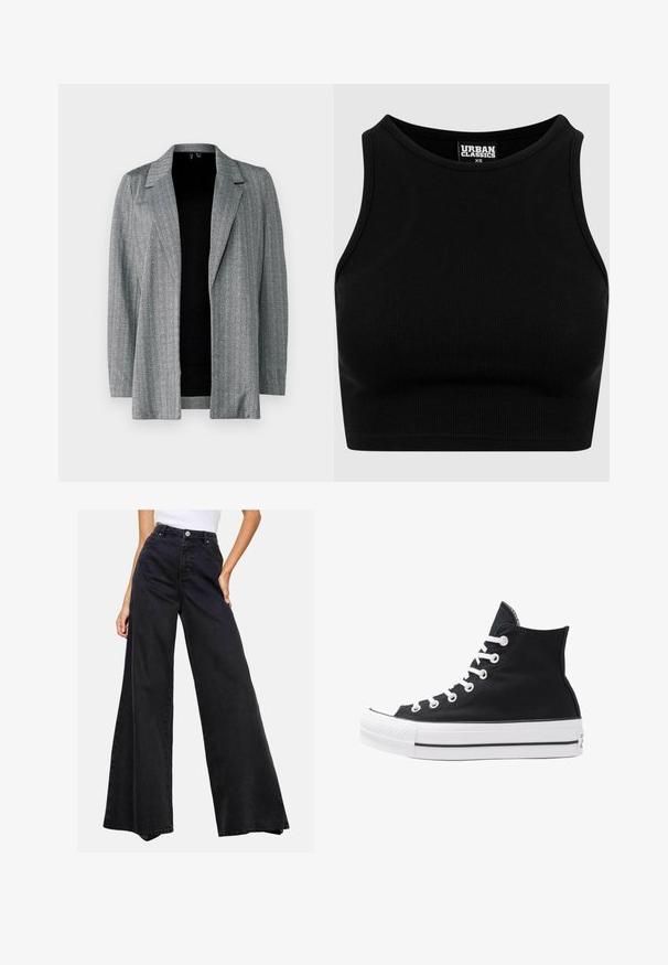 Sivý blejzer s rybím vzorom, s rázporkom a otvoreným predným dielom. Dlhé rukávy a textúrovaná tkanina vytvárajú vrstvený vzhľad.; Čierny rebrovaný kratší top s okrúhlym výstrihom a bezrukávovým dizajnom. Vyrobený z pružnej textúrovanej látky. Na etikete je napísané "Urban Classics."; Čierne široké džíny z denimu. Vysoký pás s gombíkovým zapínaním, s čistým dizajnom a bez výrazných vzorov alebo akcentov.; Čierne plátkové tenisky v štýle high-top s bielymi očkami, šnúrkami a gumovou podrážkou. Obsahujú textúrovanú špičku a čierno-biele pruhy.