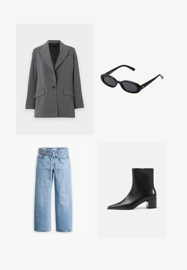Blazer gris con una tela texturizada, solapa de muesca, dos bolsillos delanteros, cierre de un botón y forro interior negro.; Camisa blanca de manga larga fabricada con una tela suave. Presenta un diseño ajustado con detalles fruncidos en la cintura y un escote redondo.; Jeans anchos de denim azul claro con cintura alta, cierre de botón y cremallera, y detalle de cordón en la cintura. Acabado con dobladillo sin rematar.; Bota negra de cuero hasta el tobillo con punta afilada, textura suave y tacón mediano. Diseño minimalista, cierre con cremallera en la parte posterior.; Gafas de sol grandes de color negro con lentes ovalados, montura de plástico suave y detalles dorados en las patillas. Los lentes oscuros ofrecen protección solar.; Bolso de cuero negro con un diseño curvado, dos asas largas y herrajes plateados. Textura suave sin patrones o acentos visibles.