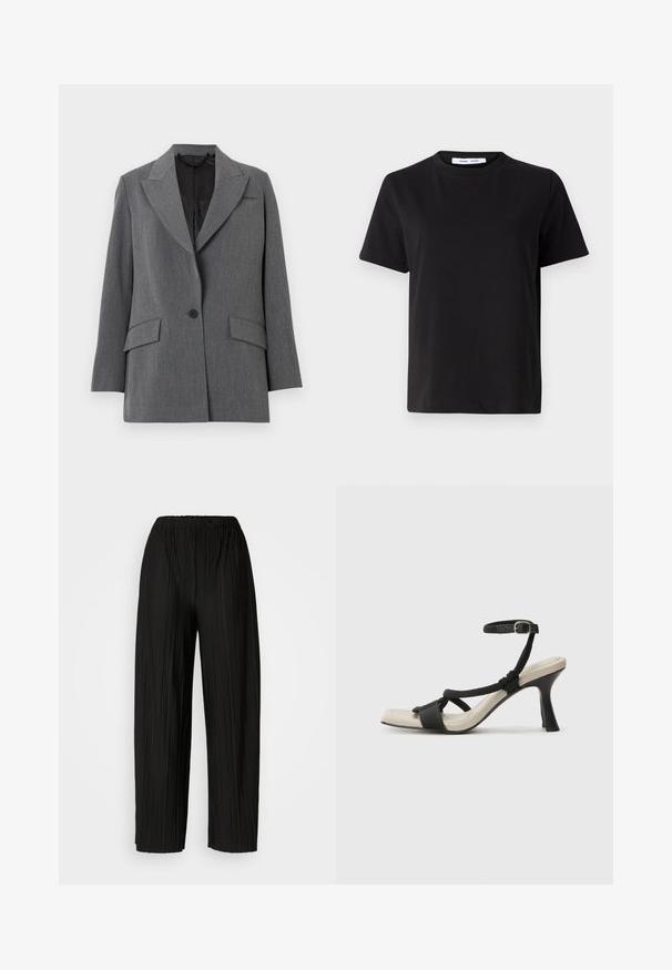 Blazer gris con una tela texturizada, solapa de muesca, dos bolsillos delanteros, cierre de un botón y forro interior negro.; Camiseta negra de manga corta hecha de algodón suave, con un cuello redondo, corte relajado y una textura lisa. Sin patrones ni gráficos visibles.; Pantalones anchos de pierna amplia, de color negro, con una cintura elástica. La tela presenta pliegues verticales y una textura suave.; Sanda¡ía de tacón negro con diseño de tira trenzada, punta cuadrada y correa ajustable en el tobillo. Plantilla de color beige claro con un tacón negro brillante.