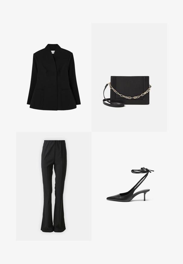 NA-KD SCULPTED - Blazer - black; Burgundy ribbed long-sleeve top with a wide neckline and fitted silhouette, crafted from a soft knit material.; Black trousers with a flared design, made of smooth fabric. Features an elastic waistband and vertical seams for a tailored appearance.; Black leather stiletto shoe with a pointed toe, open back, and ankle straps tied in a bow. Slim 3-inch heel. Smooth texture, minimalist design.; Black leather crossbody bag featuring a smooth texture, rectangular shape, and a metallic chain detail on the front. Adjustable strap included.