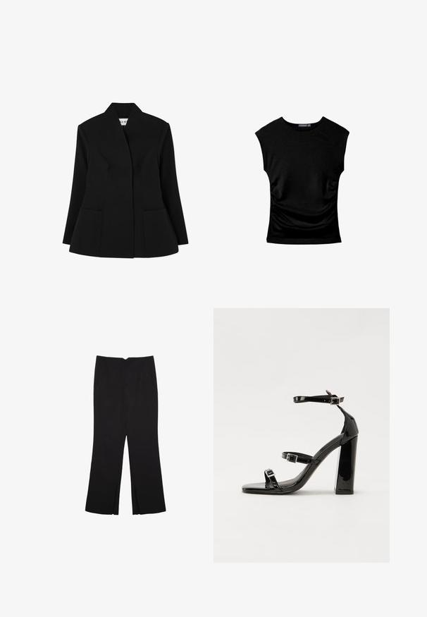 NA-KD SCULPTED - Blazer - black; Top nero a maniche corte aderente con scollo rotondo e leggero arricciamento su entrambi i lati, disteso su sfondo bianco.; Pantaloni neri a gamba dritta, con tasche frontali e spacchi laterali all'orlo. Realizzati in tessuto morbido e liscio. Adatti a diverse occasioni.; Sandali con tacco in vernice nera, con punta squadrata, cinturini alla caviglia e fibbie in argento. Presentano un tacco a blocco spesso per maggiore stabilità.