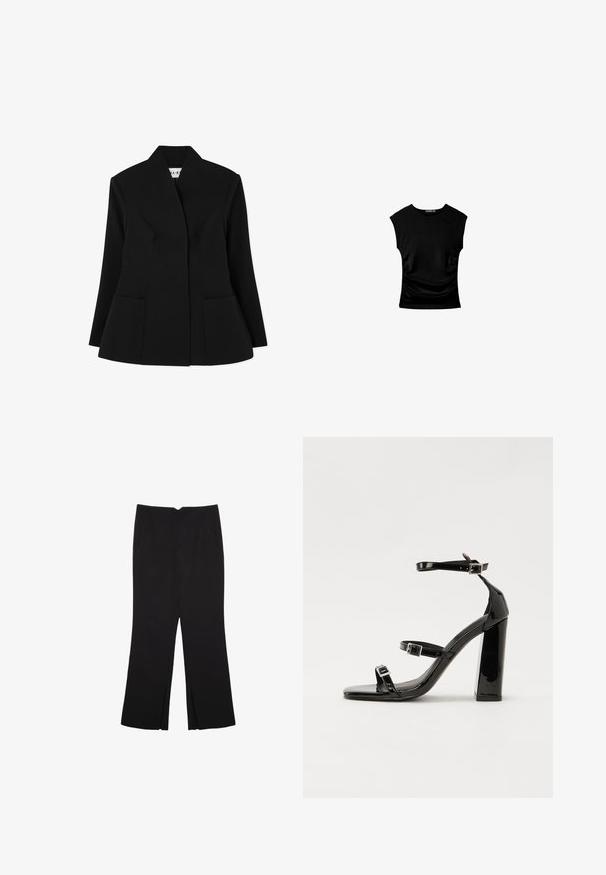 NA-KD SCULPTED - Blejzer - black; Čierna blúzka s krátkym rukávom a priliehavým strihom, s jemne nariaseným detailom po stranách a hladkým, elastickým materiálom pre pohodlie.; Čierne nohavice so strihom rovného strihu, s prednými vreckami a bočnými rozparkami na leme. Vyrobené z mäkkej, hladkej tkaniny. Vhodné na rôzne príležitosti.; Čierne lakované sandále na podpätku so štvorcovou špičkou, navlečenými remienkami okolo členku a striebornými prackami. Disponujú masívnym blokovým podpätkom pre stabilitu.