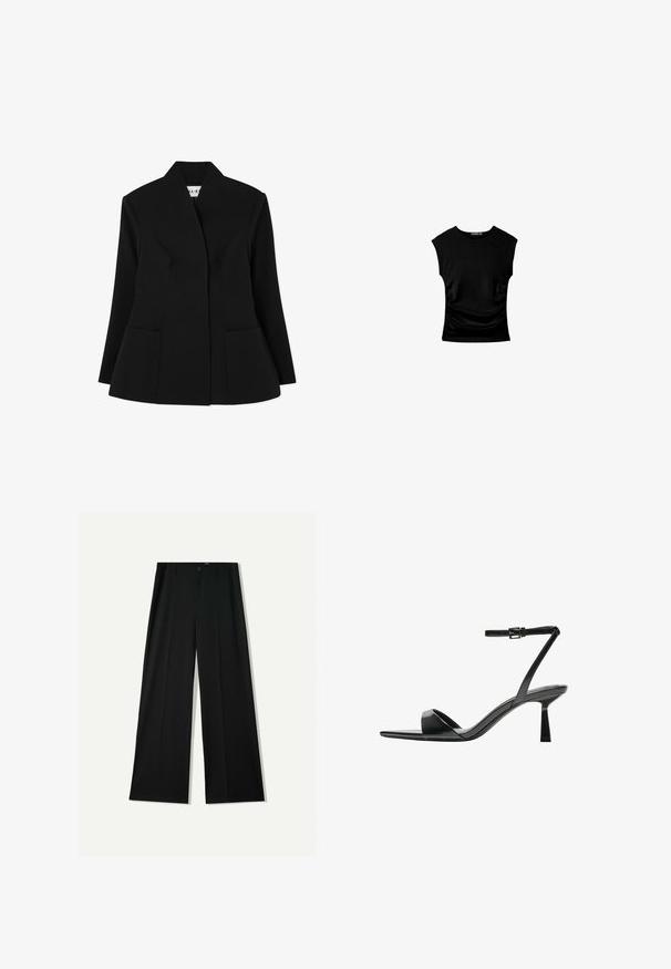 NA-KD SCULPTED - Bleiseri - black; Mustapaitainen lyhythihainen paita, jossa on tyköistuva siluetti, kerroksittain muotoiltu sivuosa ja sileä, joustava kangas mukavuutta varten.; Bershka WIDE - Housut - black; Bershka Korolliset sandaalit - black